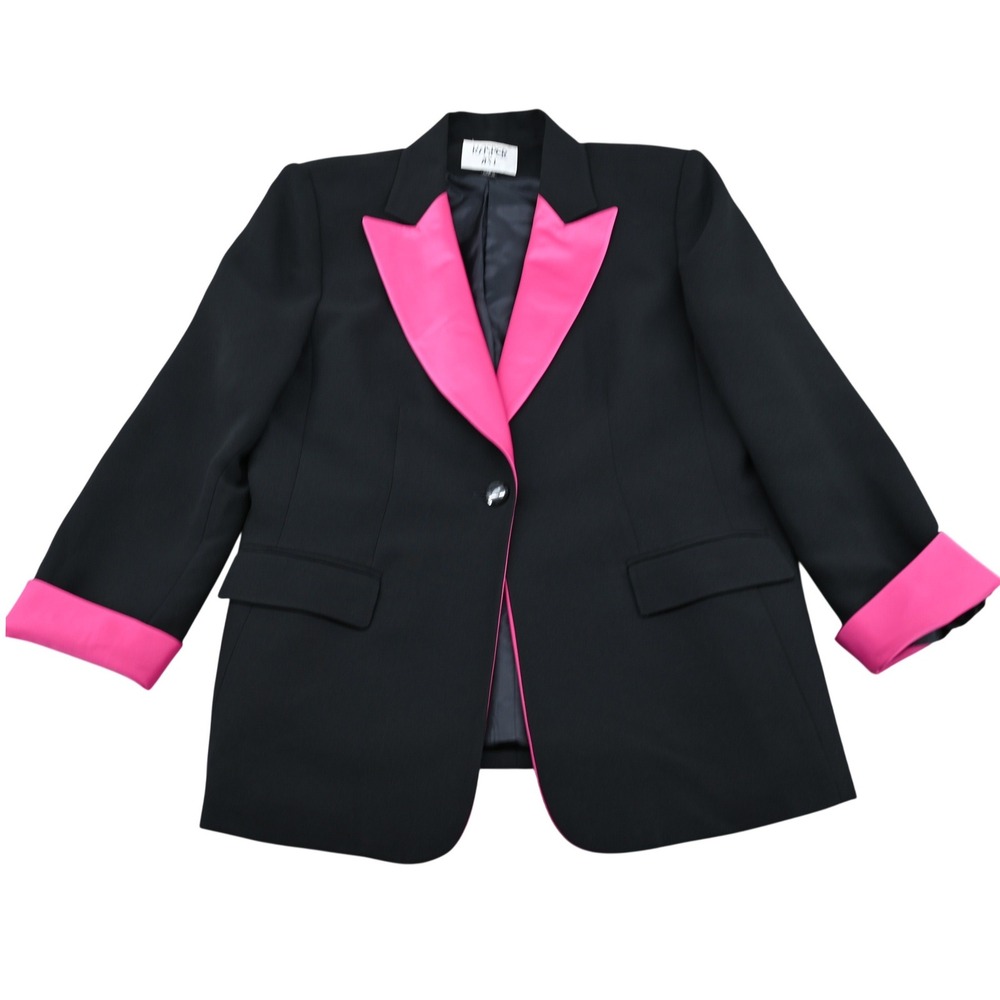 Vtg 90s Kasper ASL Black Hot Pink Colorblock Peak Lapel Satin Accent Blazer 14